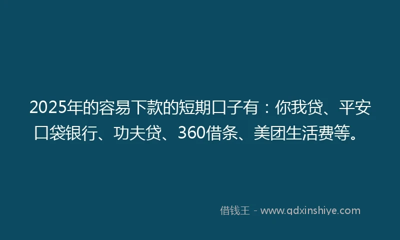 2025年的容易下款的短期口子有：你我贷、平安口袋银行、功夫贷、360借条、美团生活费等。