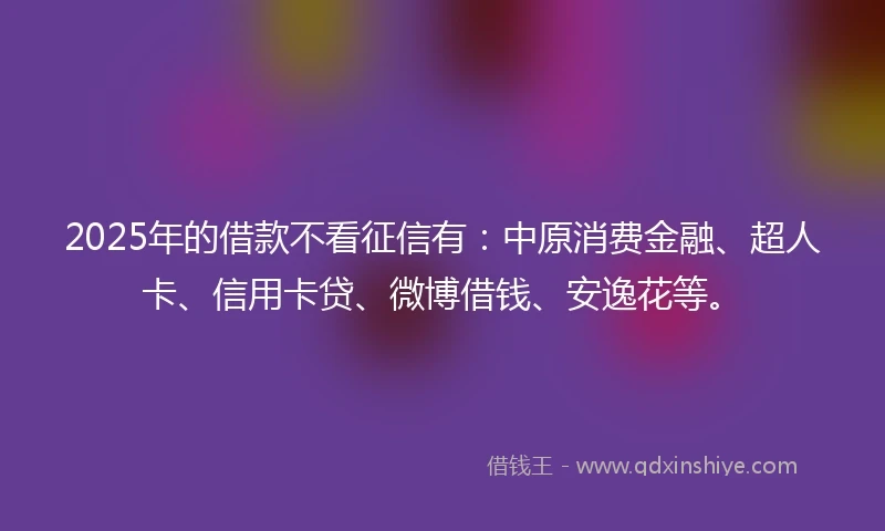 2025年的借款不看征信有：中原消费金融、超人卡、信用卡贷、微博借钱、安逸花等。