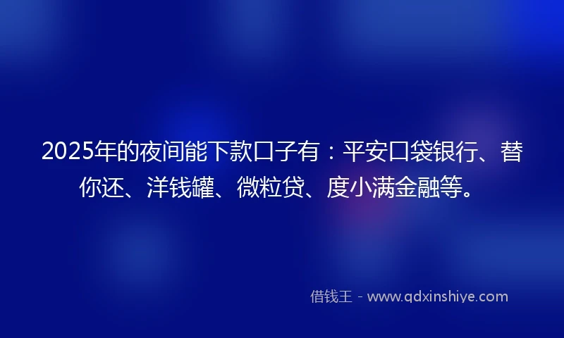 2025年的夜间能下款口子有：平安口袋银行、替你还、洋钱罐、微粒贷、度小满金融等。