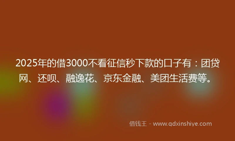2025年的借3000不看征信秒下款的口子有：团贷网、还呗、融逸花、京东金融、美团生活费等。