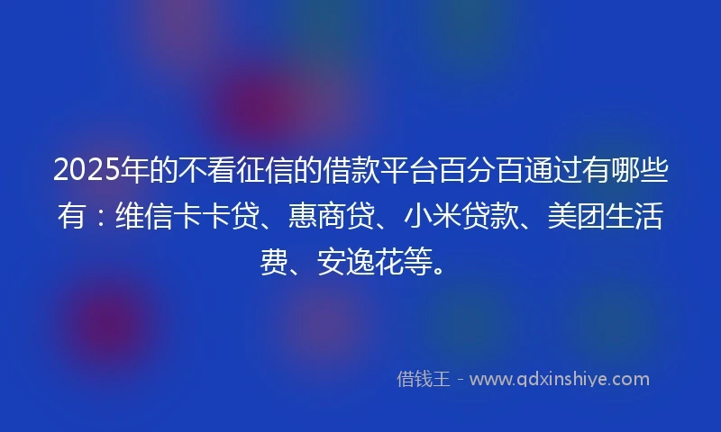 2025年的不看征信的借款平台百分百通过有哪些有：维信卡卡贷、惠商贷、小米贷款、美团生活费、安逸花等。