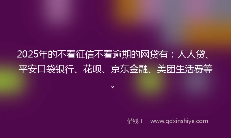 2025年的不看征信不看逾期的网贷有：人人贷、平安口袋银行、花呗、京东金融、美团生活费等。
