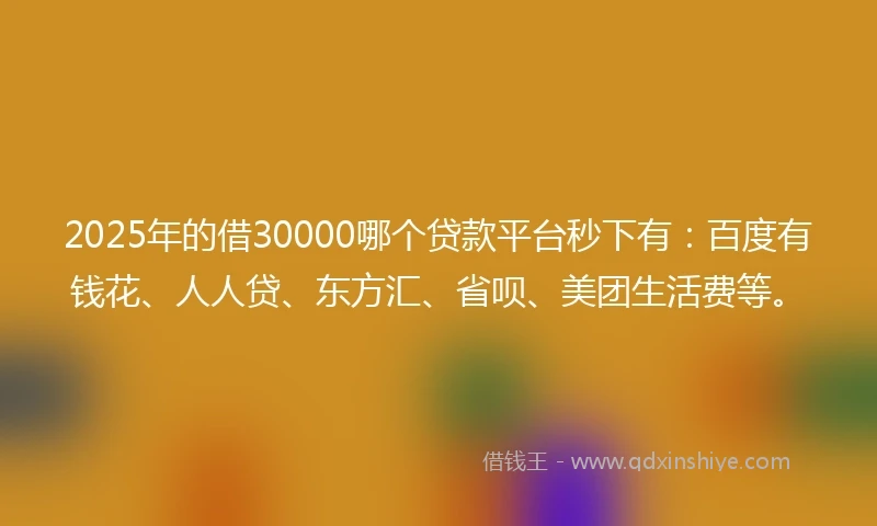 2025年的借30000哪个贷款平台秒下有：百度有钱花、人人贷、东方汇、省呗、美团生活费等。