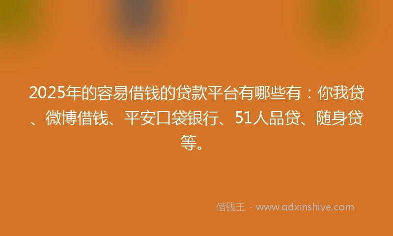 2025年的容易借钱的贷款平台有哪些有：你我贷、微博借钱、平安口袋银行、51人品贷、随身贷等。