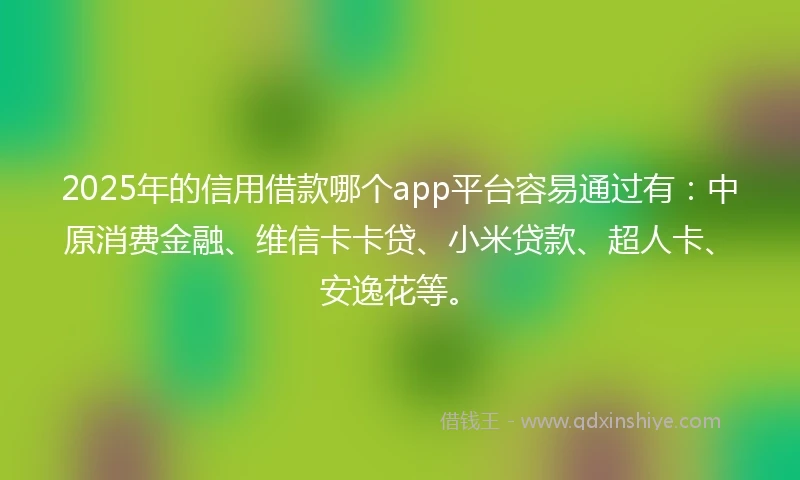 2025年的信用借款哪个app平台容易通过有：中原消费金融、维信卡卡贷、小米贷款、超人卡、安逸花等。