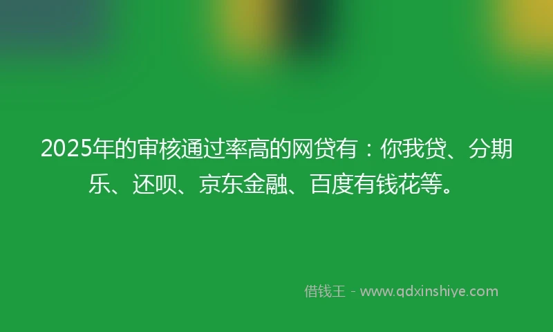 2025年的审核通过率高的网贷有：你我贷、分期乐、还呗、京东金融、百度有钱花等。