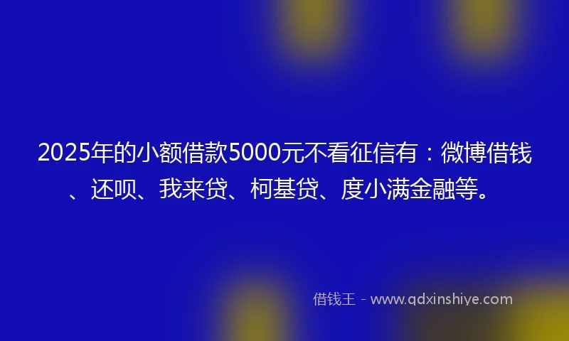 2025年的小额借款5000元不看征信有：微博借钱、还呗、我来贷、柯基贷、度小满金融等。