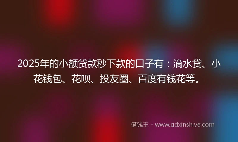 2025年的小额贷款秒下款的口子有：滴水贷、小花钱包、花呗、投友圈、百度有钱花等。