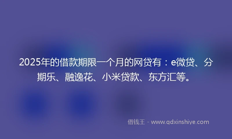 2025年的借款期限一个月的网贷有：e微贷、分期乐、融逸花、小米贷款、东方汇等。