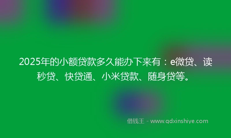 2025年的小额贷款多久能办下来有：e微贷、读秒贷、快贷通、小米贷款、随身贷等。
