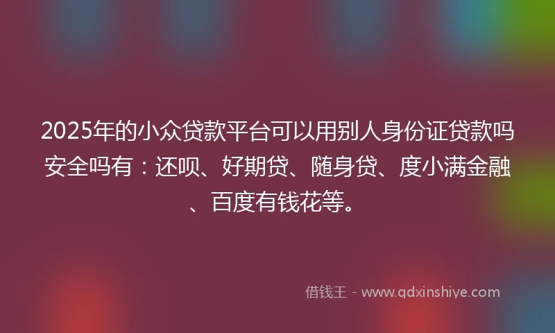 2025年的小众贷款平台可以用别人身份证贷款吗安全吗有：还呗、好期贷、随身贷、度小满金融、百度有钱花等。