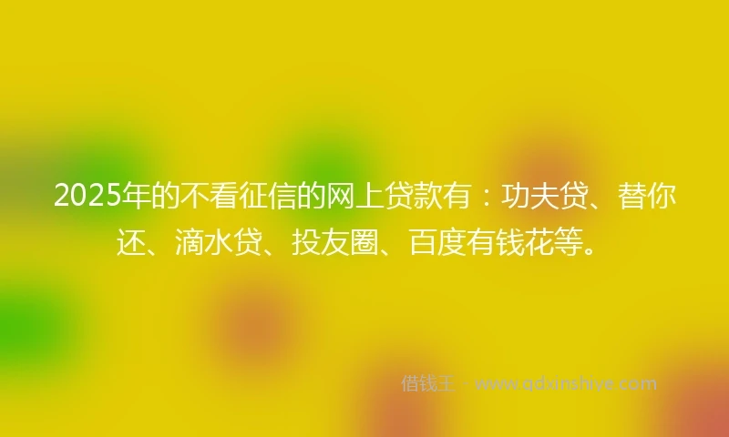 2025年的不看征信的网上贷款有：功夫贷、替你还、滴水贷、投友圈、百度有钱花等。