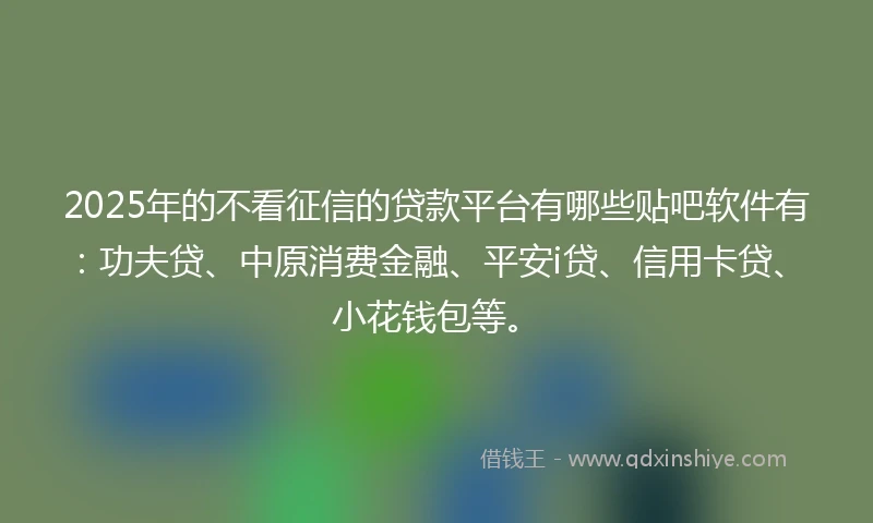 2025年的不看征信的贷款平台有哪些贴吧软件有：功夫贷、中原消费金融、平安i贷、信用卡贷、小花钱包等。