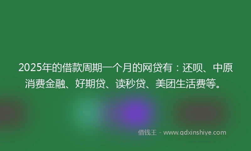 2025年的借款周期一个月的网贷有：还呗、中原消费金融、好期贷、读秒贷、美团生活费等。