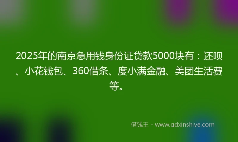 2025年的南京急用钱身份证贷款5000块有：还呗、小花钱包、360借条、度小满金融、美团生活费等。