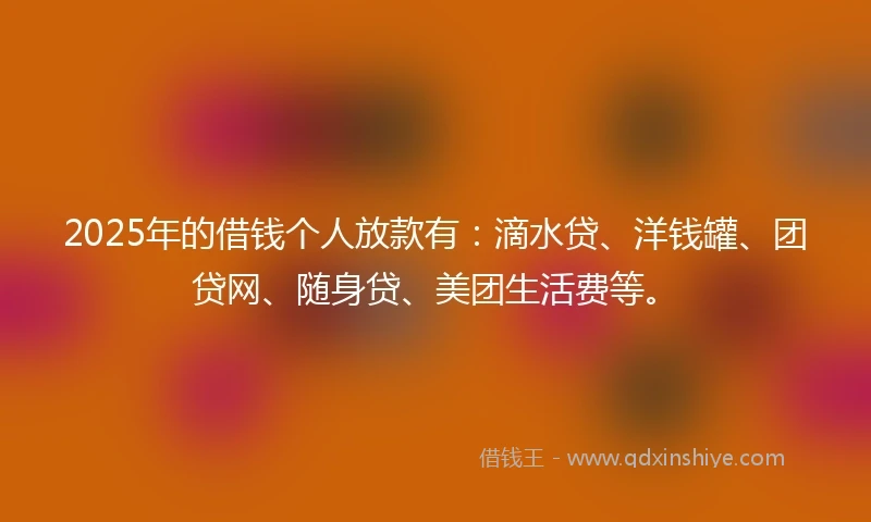 2025年的借钱个人放款有：滴水贷、洋钱罐、团贷网、随身贷、美团生活费等。