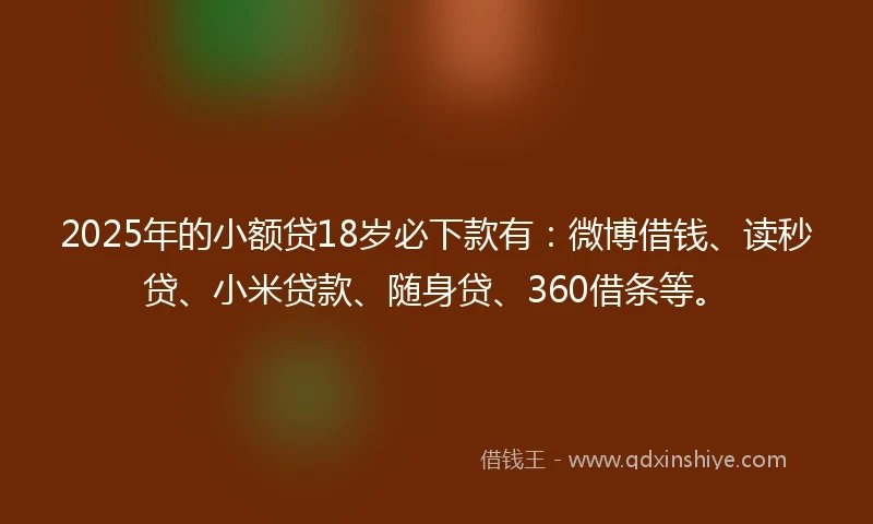 2025年的小额贷18岁必下款有：微博借钱、读秒贷、小米贷款、随身贷、360借条等。