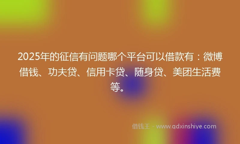 2025年的征信有问题哪个平台可以借款有：微博借钱、功夫贷、信用卡贷、随身贷、美团生活费等。