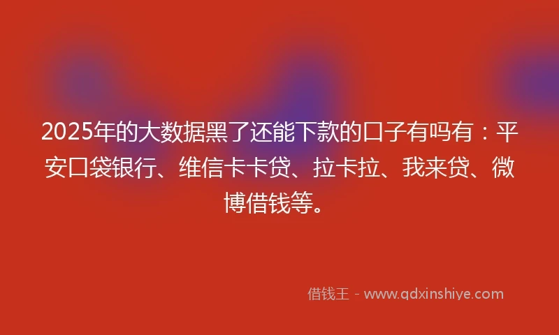 2025年的大数据黑了还能下款的口子有吗有：平安口袋银行、维信卡卡贷、拉卡拉、我来贷、微博借钱等。