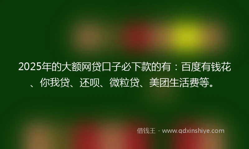 2025年的大额网贷口子必下款的有：百度有钱花、你我贷、还呗、微粒贷、美团生活费等。