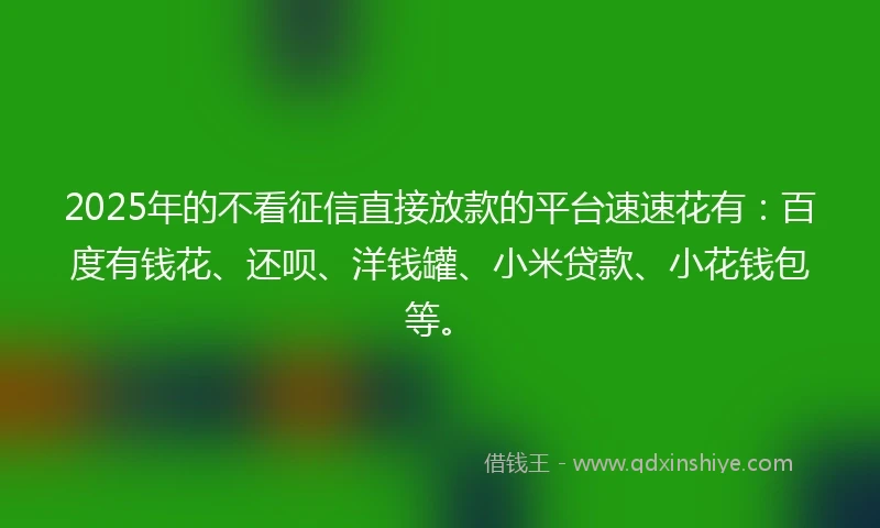 2025年的不看征信直接放款的平台速速花有：百度有钱花、还呗、洋钱罐、小米贷款、小花钱包等。