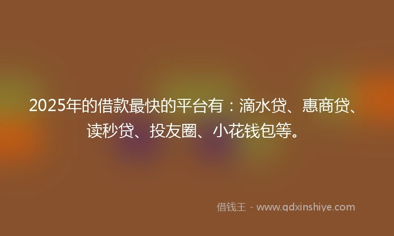 2025年的借款最快的平台有：滴水贷、惠商贷、读秒贷、投友圈、小花钱包等。