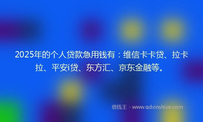 2025年的个人贷款急用钱有：维信卡卡贷、拉卡拉、平安i贷、东方汇、京东金融等。