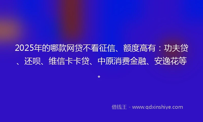 2025年的哪款网贷不看征信、额度高有：功夫贷、还呗、维信卡卡贷、中原消费金融、安逸花等。