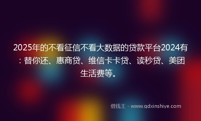 2025年的不看征信不看大数据的贷款平台2024有：替你还、惠商贷、维信卡卡贷、读秒贷、美团生活费等。