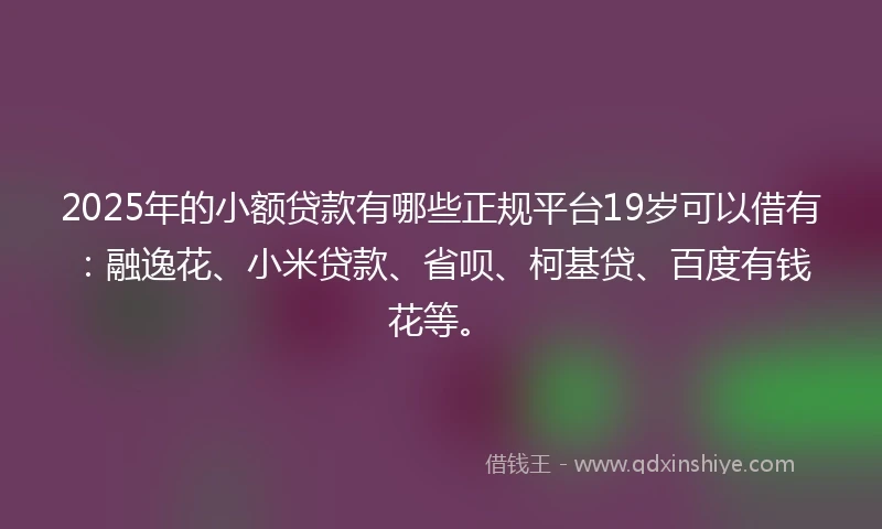 2025年的小额贷款有哪些正规平台19岁可以借有：融逸花、小米贷款、省呗、柯基贷、百度有钱花等。