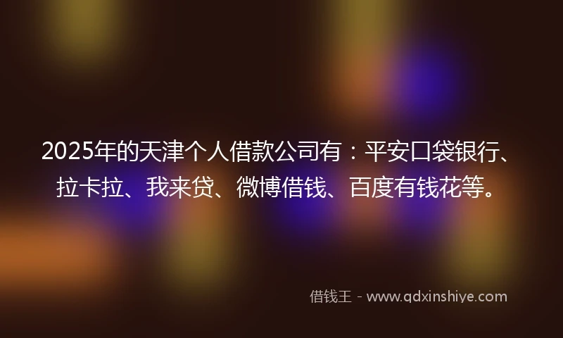 2025年的天津个人借款公司有：平安口袋银行、拉卡拉、我来贷、微博借钱、百度有钱花等。