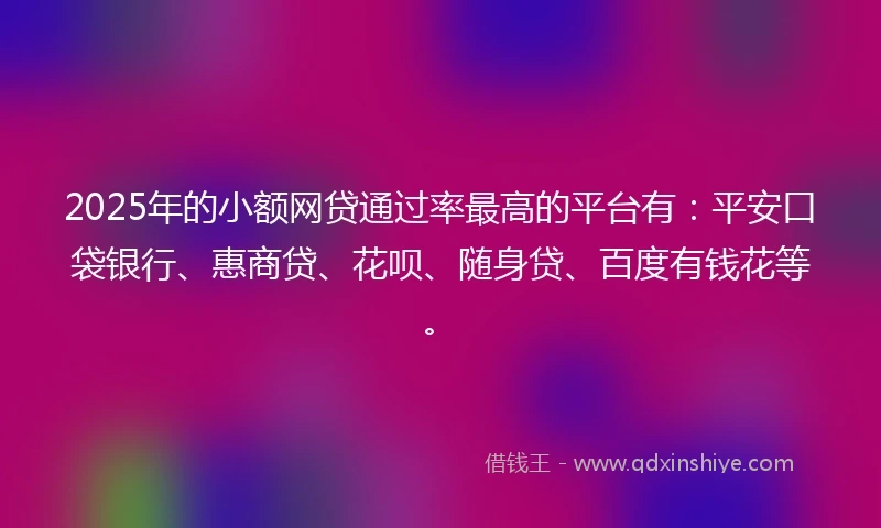 2025年的小额网贷通过率最高的平台有：平安口袋银行、惠商贷、花呗、随身贷、百度有钱花等。
