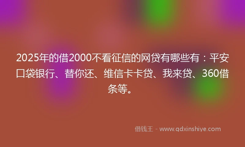 2025年的借2000不看征信的网贷有哪些有：平安口袋银行、替你还、维信卡卡贷、我来贷、360借条等。