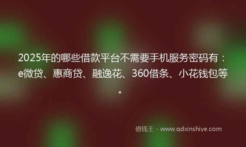 2025年的哪些借款平台不需要手机服务密码有：e微贷、惠商贷、融逸花、360借条、小花钱包等。