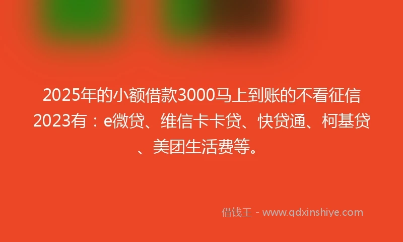 2025年的小额借款3000马上到账的不看征信2023有：e微贷、维信卡卡贷、快贷通、柯基贷、美团生活费等。