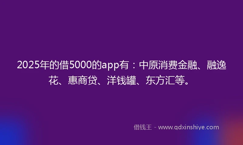 2025年的借5000的app有：中原消费金融、融逸花、惠商贷、洋钱罐、东方汇等。