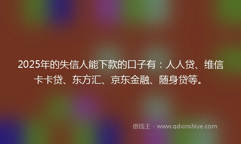 2025年的失信人能下款的口子有：人人贷、维信卡卡贷、东方汇、京东金融、随身贷等。