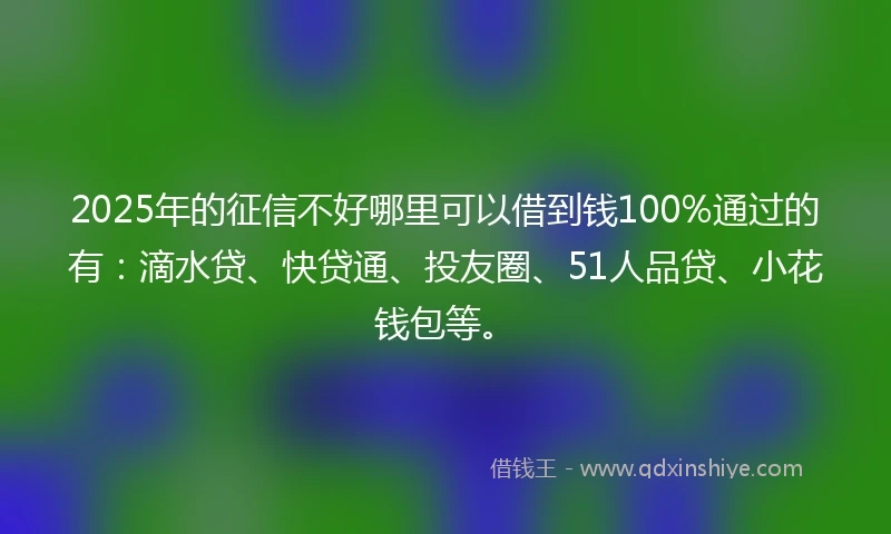 2025年的征信不好哪里可以借到钱100%通过的有：滴水贷、快贷通、投友圈、51人品贷、小花钱包等。