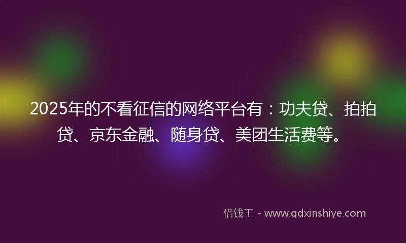 2025年的不看征信的网络平台有：功夫贷、拍拍贷、京东金融、随身贷、美团生活费等。