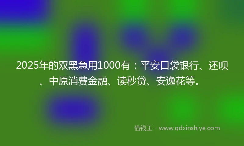 2025年的双黑急用1000有：平安口袋银行、还呗、中原消费金融、读秒贷、安逸花等。