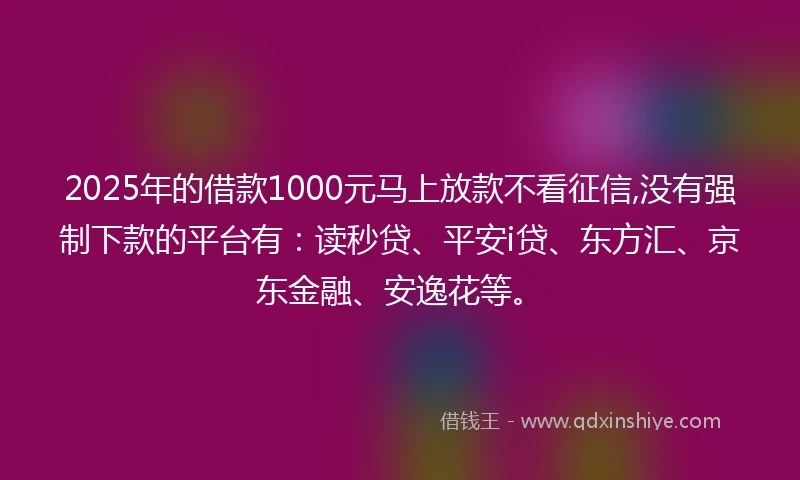 2025年的借款1000元马上放款不看征信,没有强制下款的平台有：读秒贷、平安i贷、东方汇、京东金融、安逸花等。