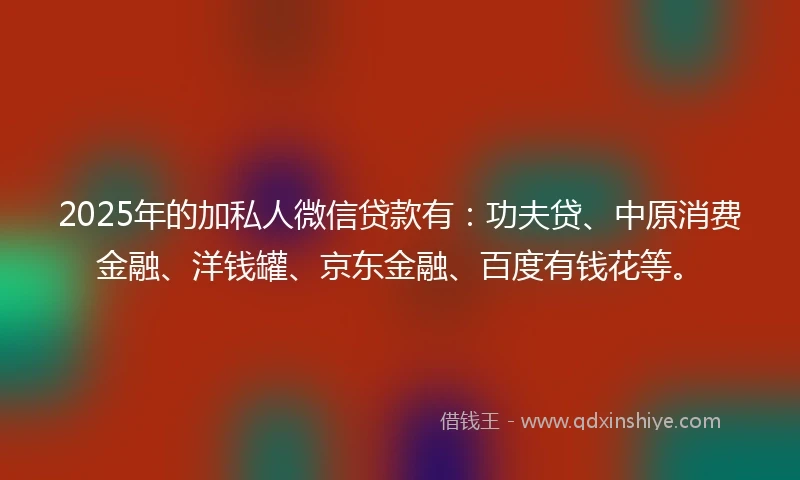 2025年的加私人微信贷款有：功夫贷、中原消费金融、洋钱罐、京东金融、百度有钱花等。