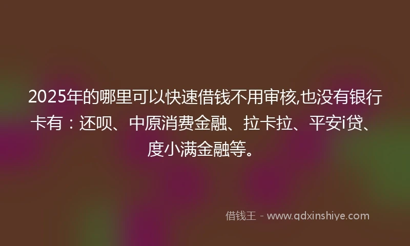 2025年的哪里可以快速借钱不用审核,也没有银行卡有：还呗、中原消费金融、拉卡拉、平安i贷、度小满金融等。