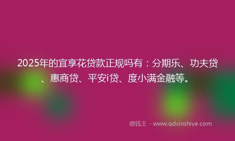 2025年的宜享花贷款正规吗有：分期乐、功夫贷、惠商贷、平安i贷、度小满金融等。