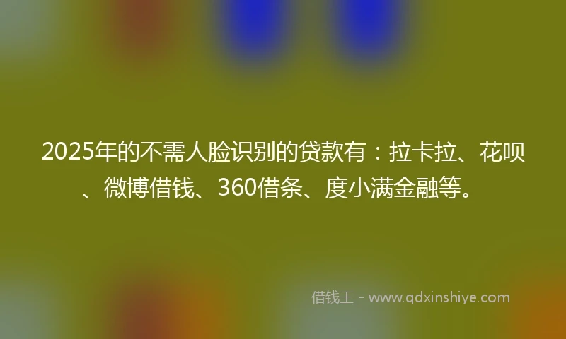 2025年的不需人脸识别的贷款有：拉卡拉、花呗、微博借钱、360借条、度小满金融等。