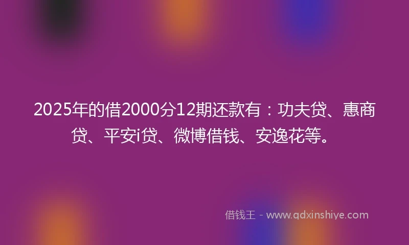 2025年的借2000分12期还款有：功夫贷、惠商贷、平安i贷、微博借钱、安逸花等。