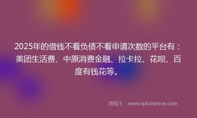 2025年的借钱不看负债不看申请次数的平台有：美团生活费、中原消费金融、拉卡拉、花呗、百度有钱花等。