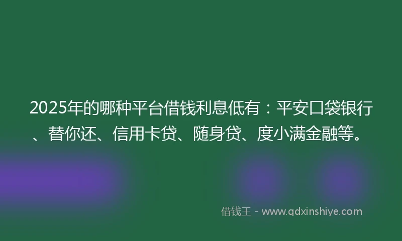 2025年的哪种平台借钱利息低有：平安口袋银行、替你还、信用卡贷、随身贷、度小满金融等。