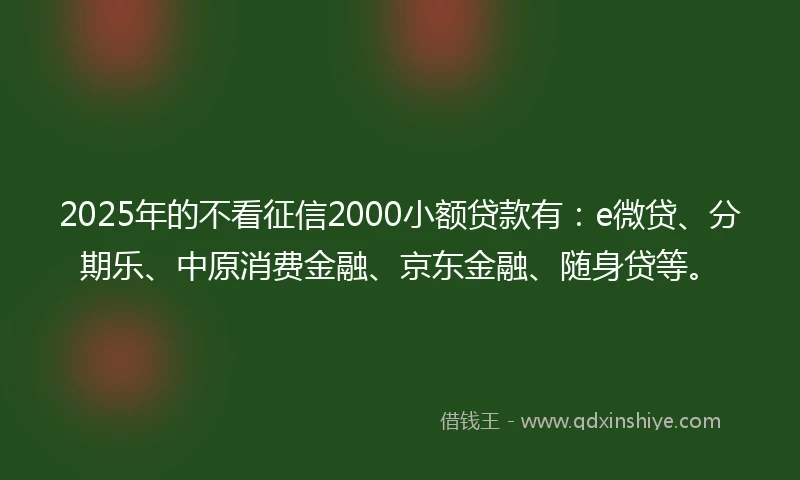 2025年的不看征信2000小额贷款有：e微贷、分期乐、中原消费金融、京东金融、随身贷等。