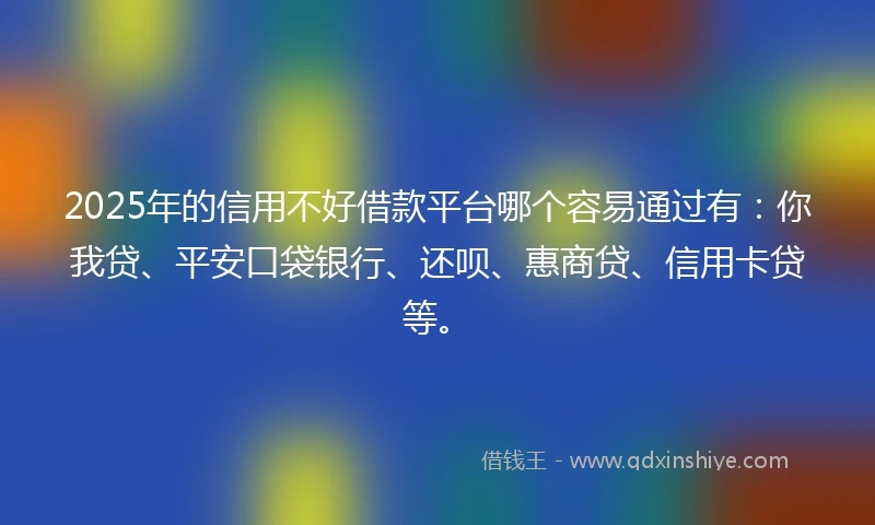 2025年的信用不好借款平台哪个容易通过有：你我贷、平安口袋银行、还呗、惠商贷、信用卡贷等。